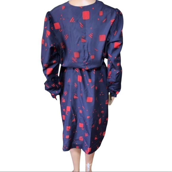Vintage 40s handcrafted blue & red geometric print dress modern size XL / 1X - Picture 2 of 12